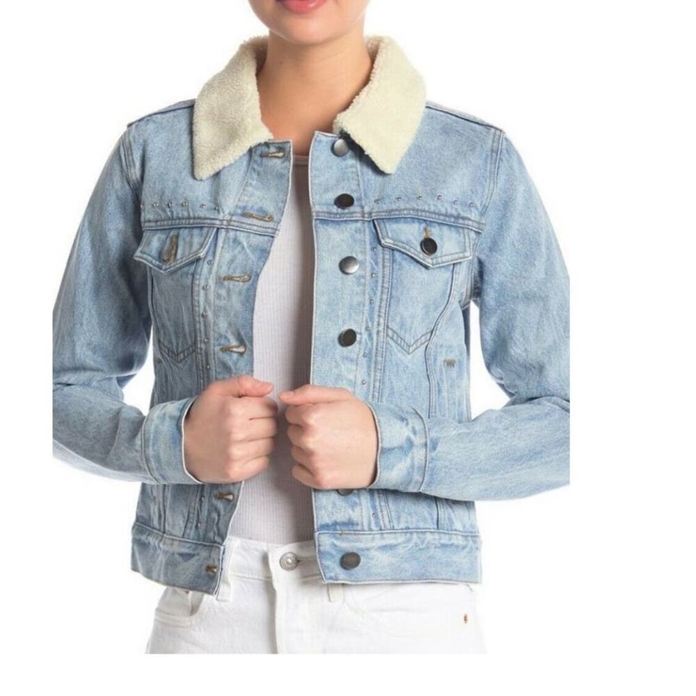 Rebecca Minkoff Light Blue Faux Fur Collar Clark Studded Denim Jacket Size XS